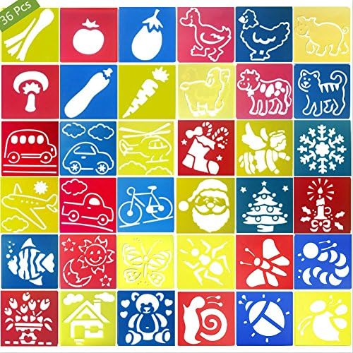 36 Pcs Plastic Painting Template, Drawing Spraying Stencil for Kids Crafts, 5.5 x 5.9 inch Washable Template for School Projects(Pattern 1)