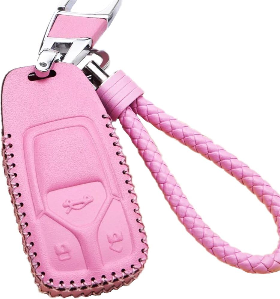 Pink Leather Car Keychain Key Cover Case Holder with Braided Key Chain & Key Rings For 3 Buttons Audi Smart Remote A4 B9 Q7 TT 8s 2016 2017 Auto Accessories