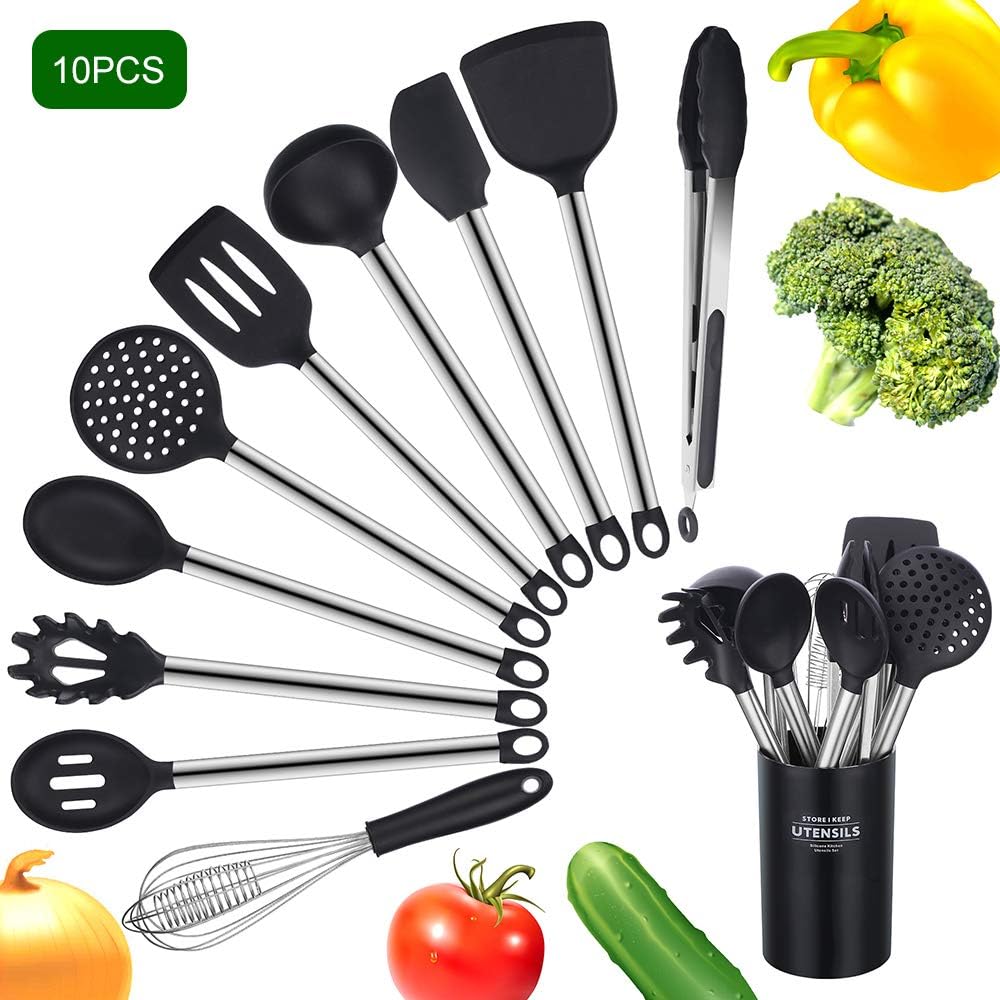Silicone Kitchen Cooking Utensil Set, 10 Pcs Nonstick Kitchen Spatula Set with Stainless Steel Handle, Cooking Tool Turner Tongs Spatula Spoon Kitchen Gadgets Cookware Set