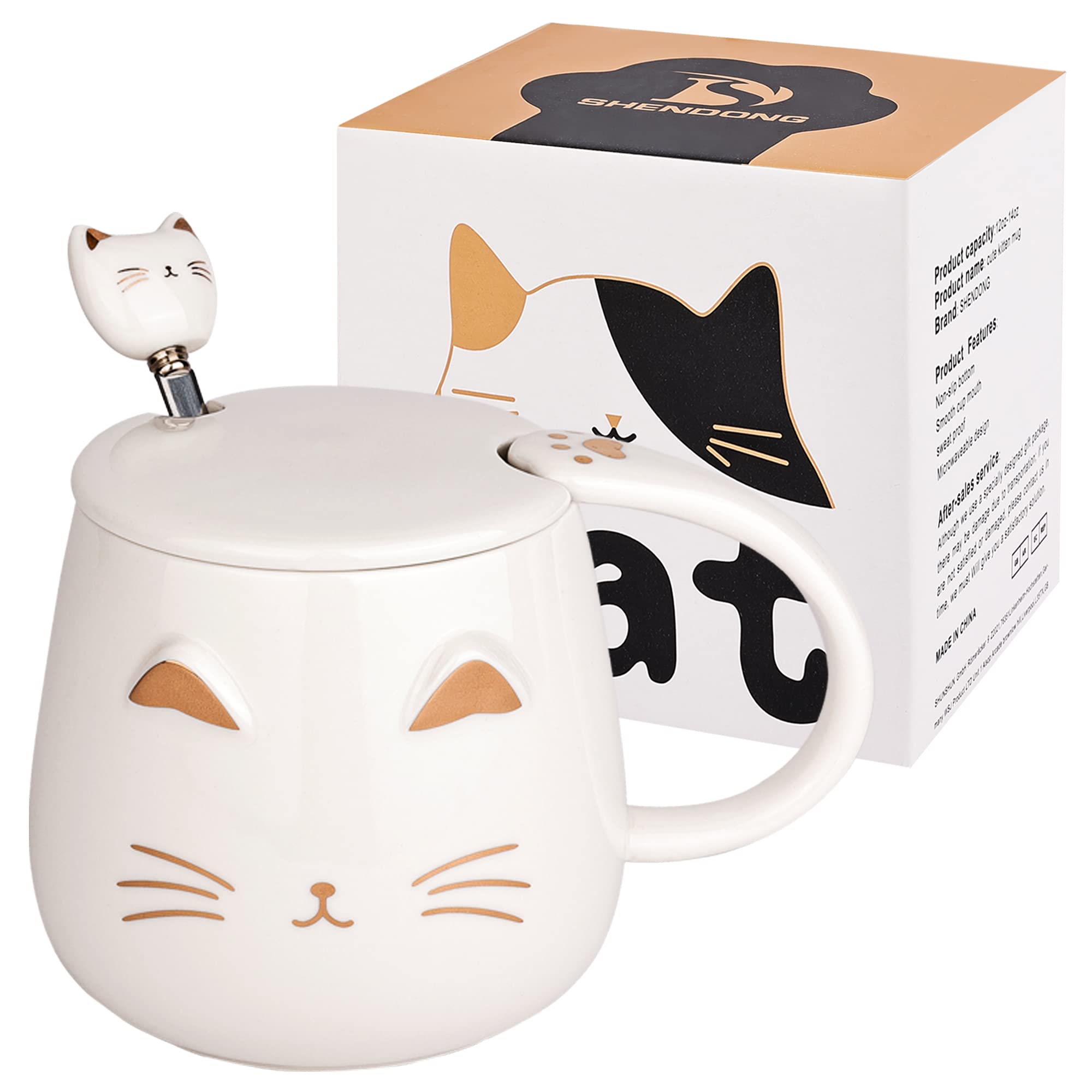 SHENDONG White Cat Mug Cute Ceramic Coffee Cup with Kawaii Lid and Lovely Stainless Steel Spoon Novelty Morning Cup Coffee Milk Tea Mugs - 3D Animal Mugs for Cat Lovers Women Gifts(White)