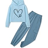 Girls Clothes Heart Print Hoodie Tops Long Sleeve Sweatshirts and Cargo Pants Fall Winter Girls' Clothing Sets 6-14