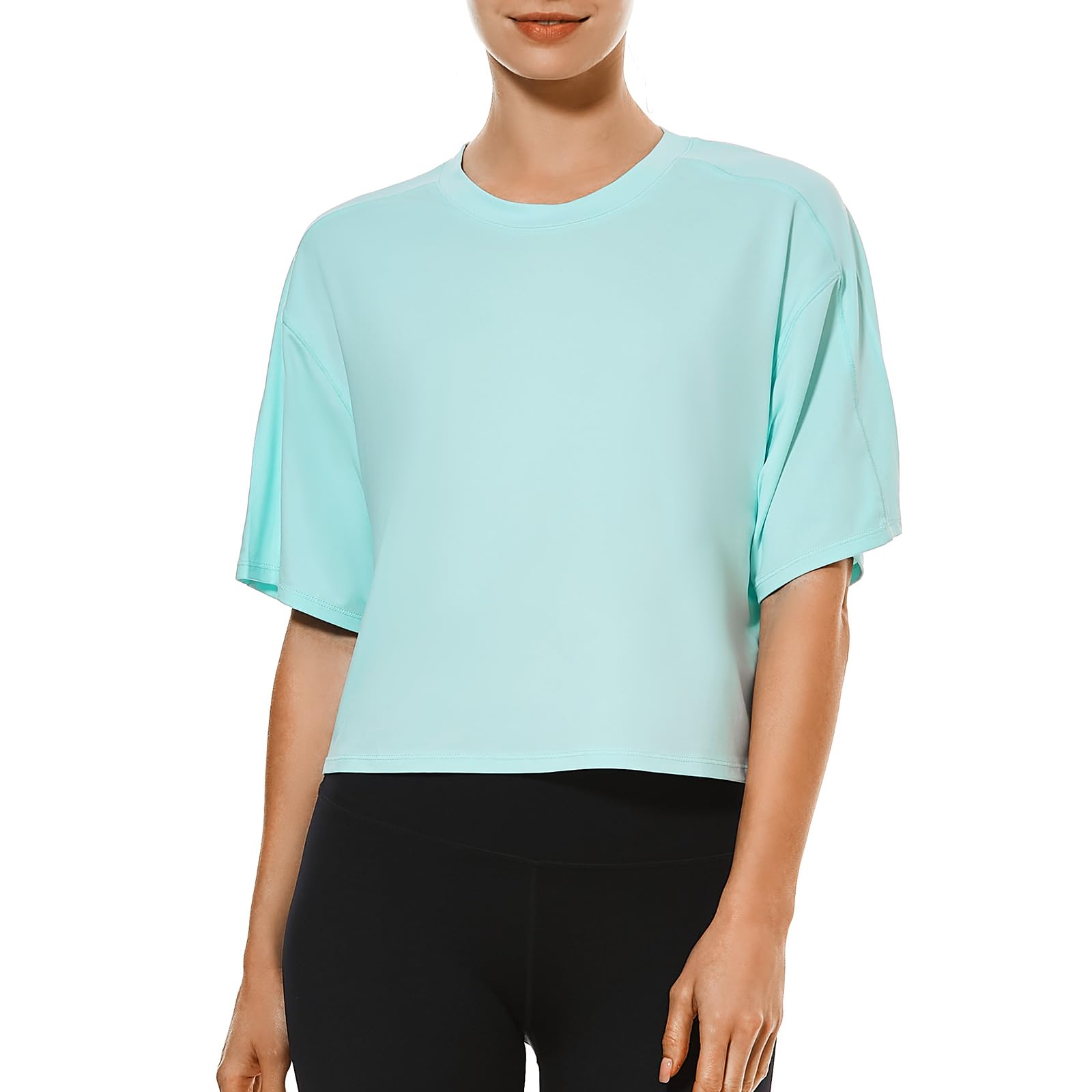 Photo 1 of HODOSPORTS Women's Oversized Workout Crop Tops Athletic Shirts Short Sleeve Yoga Gym Tops Hemp Light Blue Small
