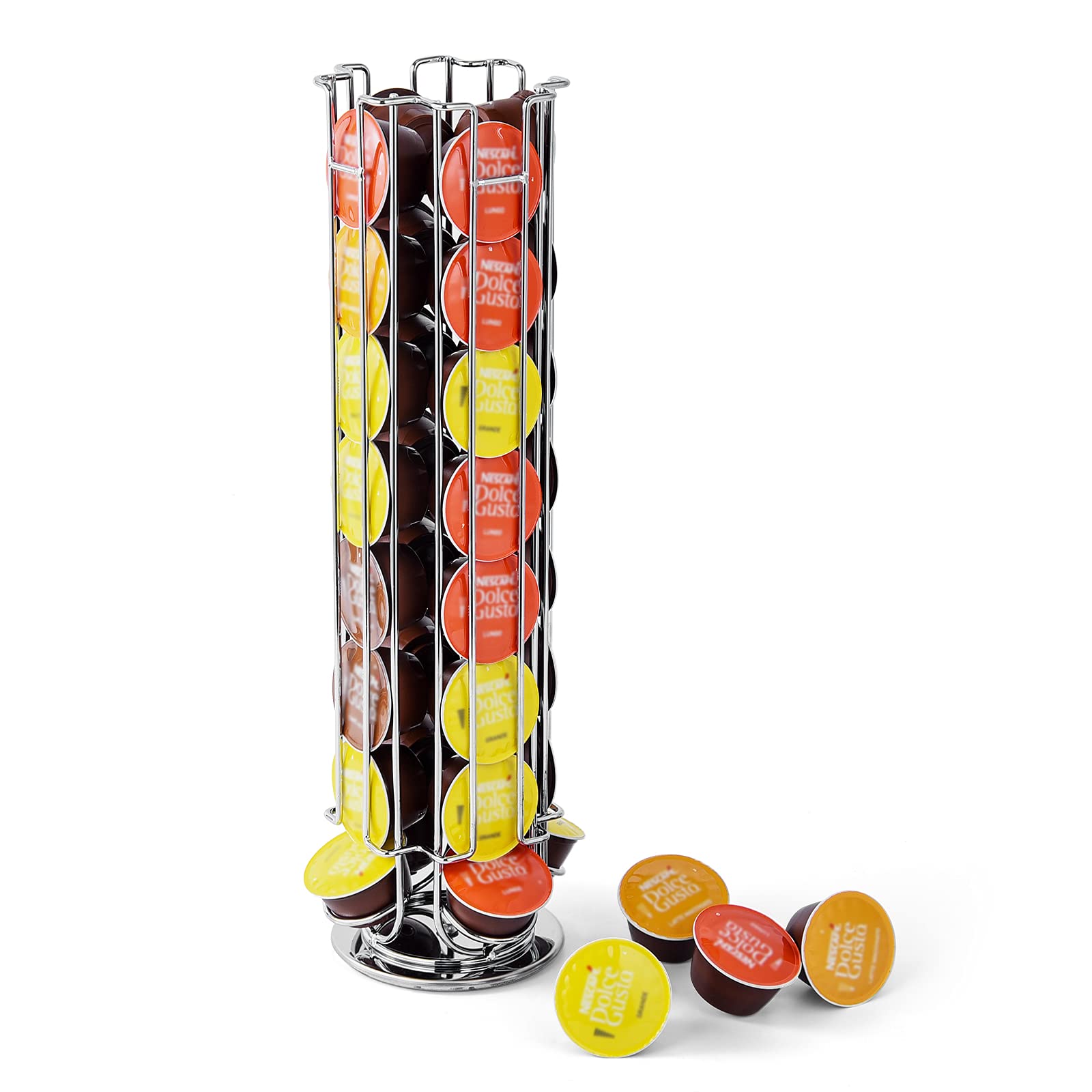 SYSYLY Capsule Holder Coffee Pod Holder for 32 Dolce Gusto Capsules, Rotating Coffee Capsule Stand Rack, Coffee Pod Dispenser, Coffee Capsule Pod Storage, Non-Slip Base, Chrome