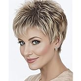 SEVENCOLORS Short Pixie Cut Wigs for White Women Mixed Blonde Short Wigs with Brown Roots Synthetic Natural Hair Wigs for Women