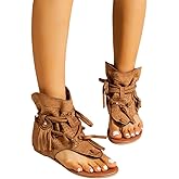 PLAZRU Flat Tassel Gladiator Sandals for Women Casual Summer Bohemian Back Strappy Fringe Sandals Dressy Flip Flops Thong Sandals