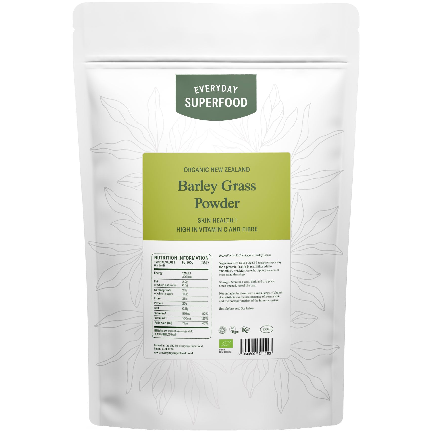 Everyday Superfood Organic New Zealand Barley Grass Powder 350g, Green Fine Milled Barley Grass Ideal in Juice and Smoothies