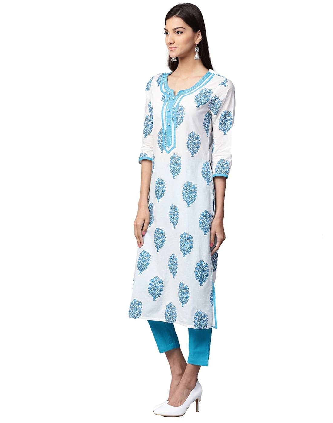jaipur kurti women white & blue printed cotton kurta with trousers