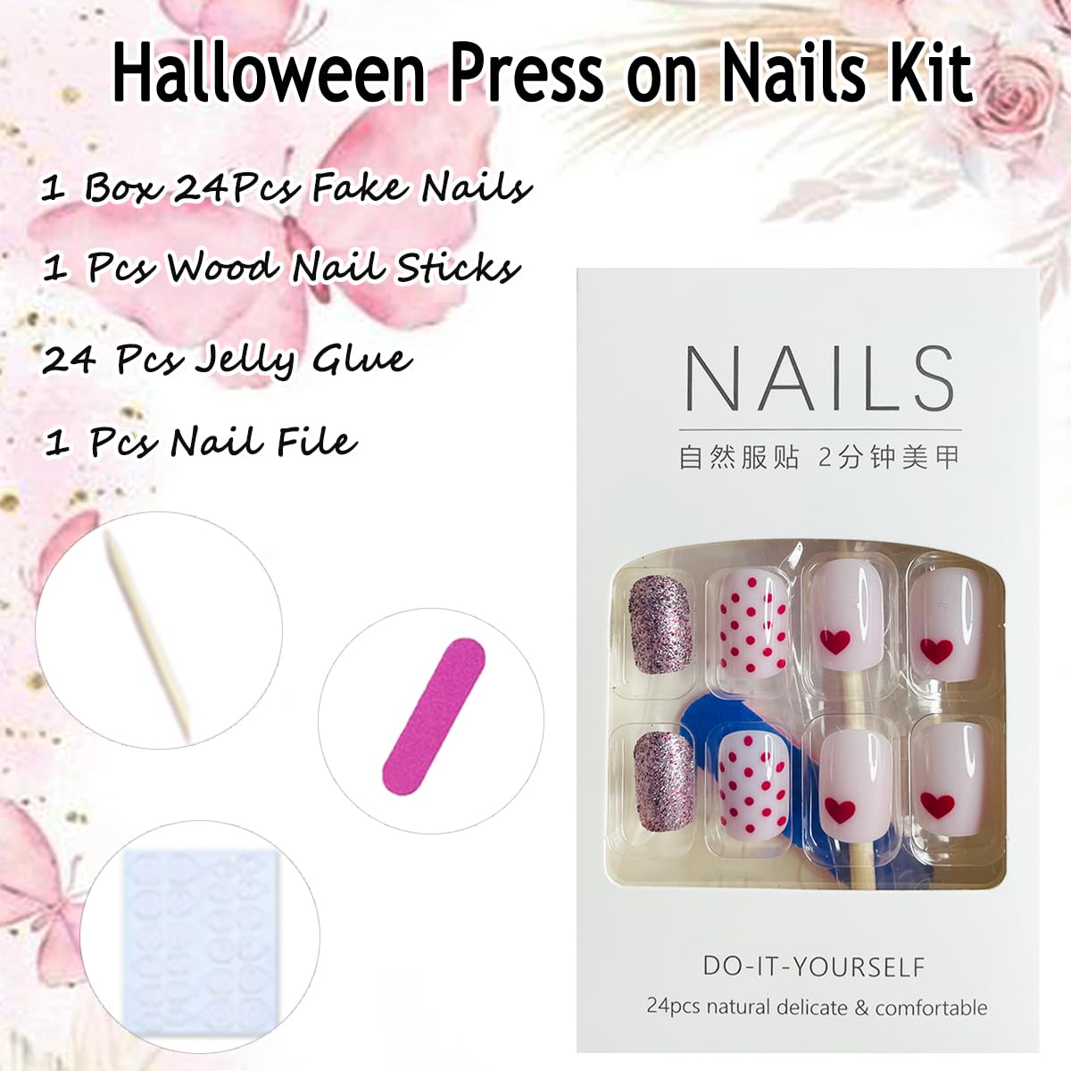 24Pcs Valentines Press on Nails Short Square Petite Pink Heart Fake Nails Valentines Day Nails with Glitter Design Cute Wave Point Full Cover Short False Nails for Women Acrylic Manicure Salon - Image 6
