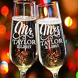 Lily's Atelier Set of 2, Hand Engraving Mr. Mrs. Last Name & Date Custom Wedding Toast Champagne Flute Set, Wedding Toasting Glasses - Etched Flutes for Bride & Groom Customized Wedding Gift #E11