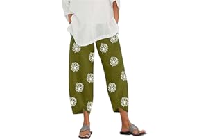 HOTYD Cotton Linen Pants Casual Summer Capri Pants for Women Baggy Elastic Waisted Yoga Trousers Wide Leg Cropped Pants