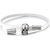 COOLSTEELANDBEYOND Mens Womens Skull Leather Bracelet, White Leather Wristband Wrap Band, Adjustable, Gothic Punk