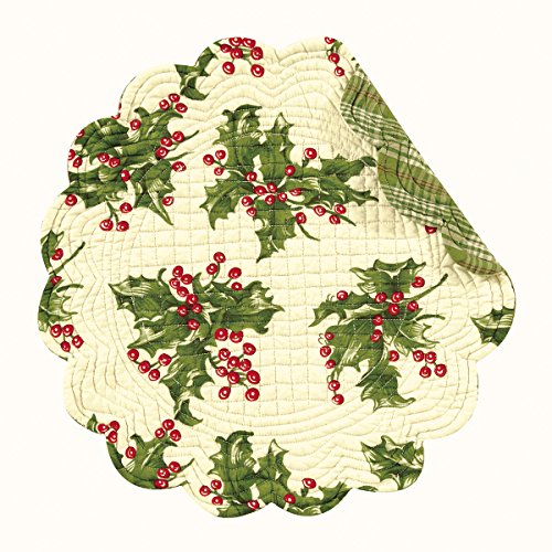 Set of 4 Pcs., 17 Inches Round Quilted Placemats, Holly, Cream