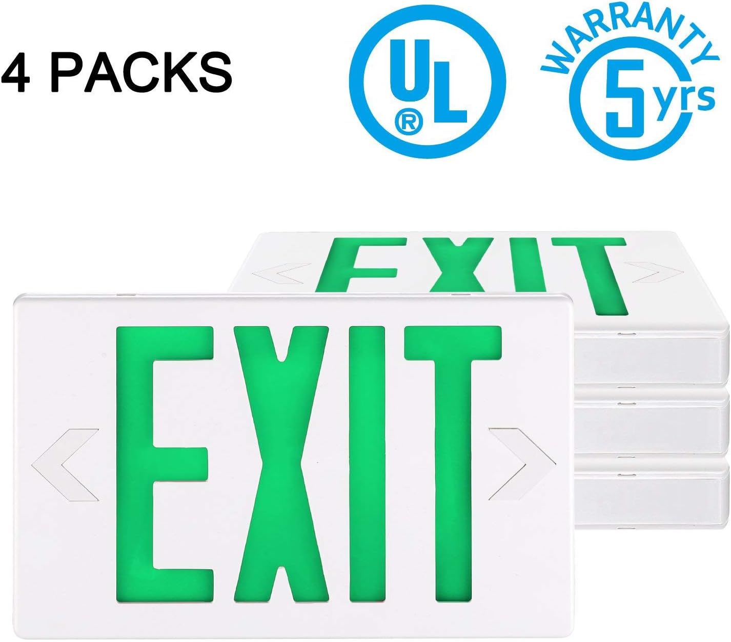 SPECTSUN 4 Packs LED Exit Sign, Emergency Exit Light with Battery Backup, Double Face, UL 924, AC 120/277V, Damp Location, Hardwired Green Letter Exit Lights for Business.