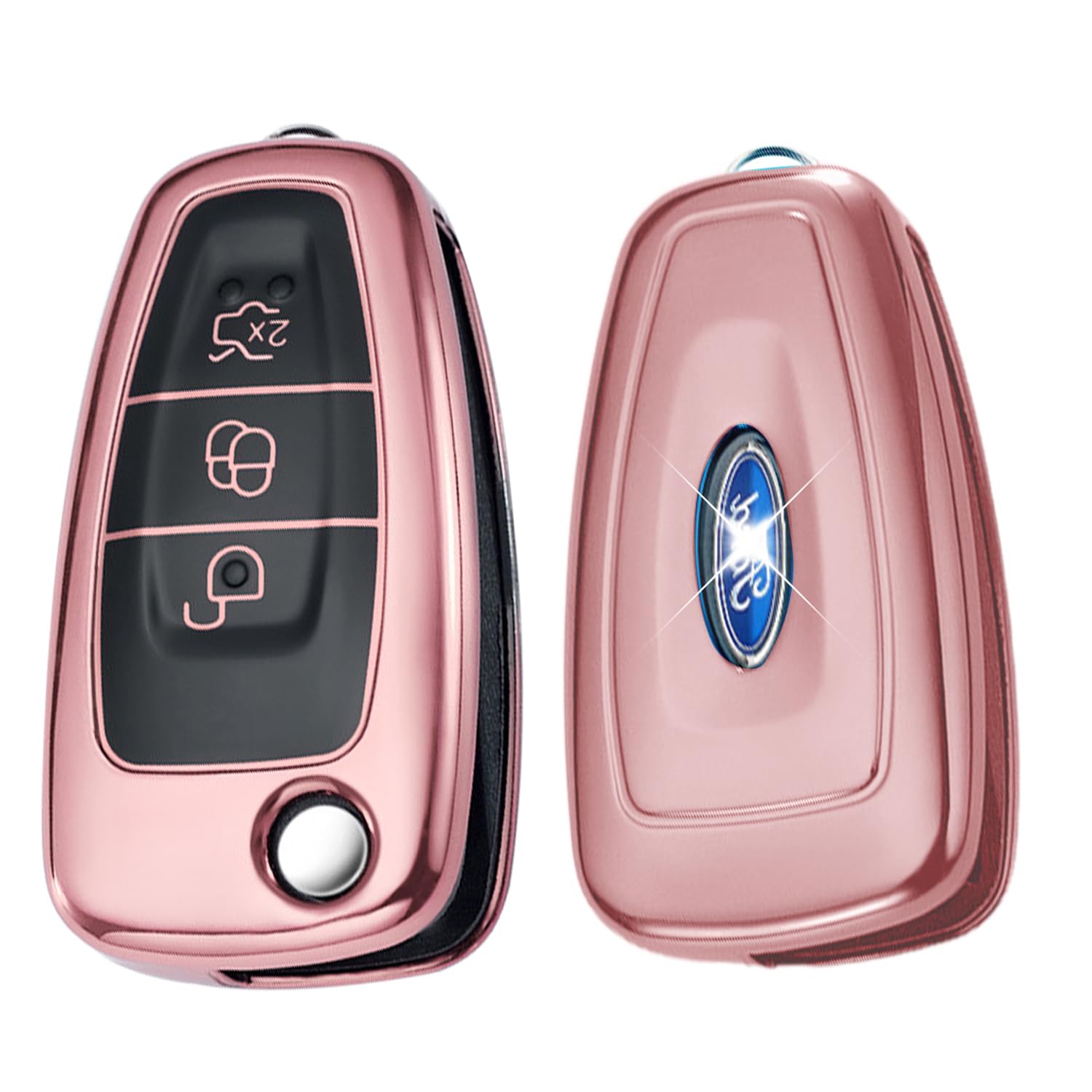 Juttzzei Ford Car Key Cover for Ford Focus Fiesta Kuga Mondeo B-Max C-Max S-Max Galaxy Transit Tourneo Custom Key Fob Cover, Ford Fiesta Key Cover, TPU Silicone Ford Focus Key Cover-3 Bottons(Pink)