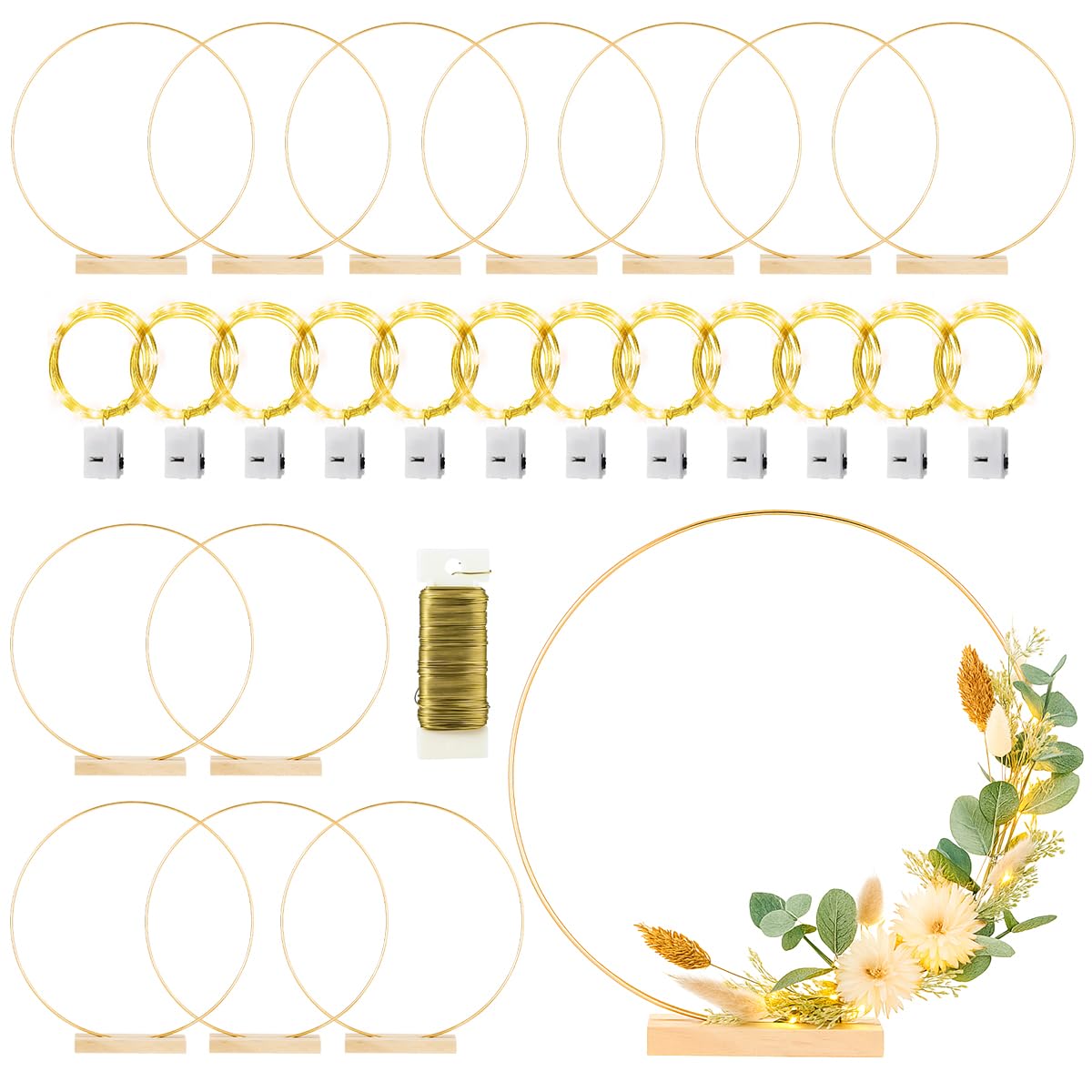 Photo 1 of 12 Pack Floral Hoop with Stand and LED Fairy Lights 12 inch Metal Rings for DIY Centerpiece Table Decorations Crafts Macrame Rings Hoop Wreath Dream Catcher Rings Wedding Christmas Wreaths, Gold