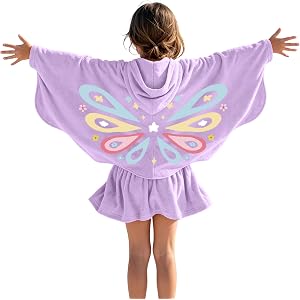 Kids Beach Towels Girls Butterfly Swim Cover Up Terry Cloth Hooded Zip Up Bathing Towel Suit Wrap With Pockets