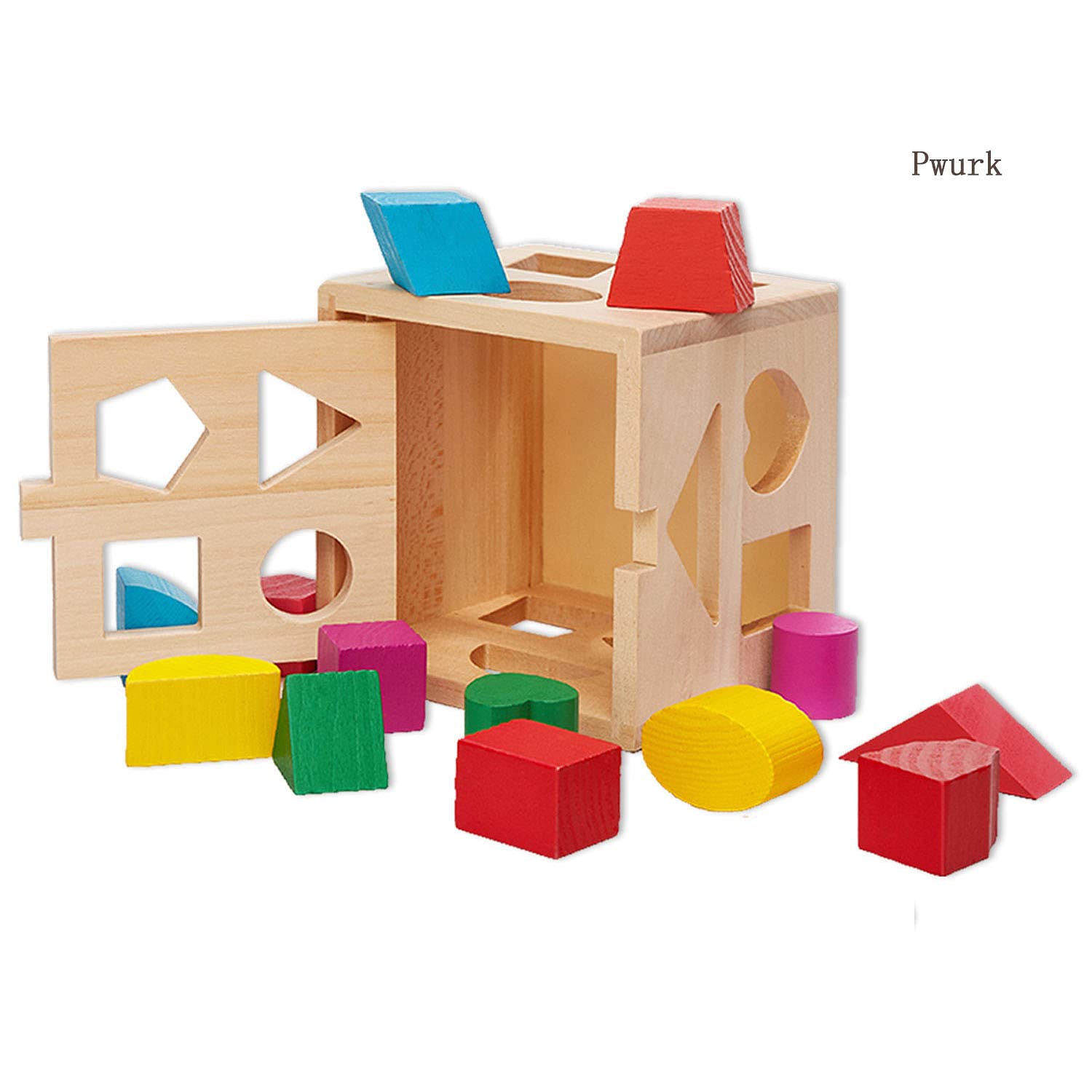 PWURK Shape Sorter Toys,Baby Shape Sorting Cube with 13 Psc Wooden Shape Blocks and Addtion Wood Toy, Babies Educational Toy for Boys Girls Toddlers 3 Year Old