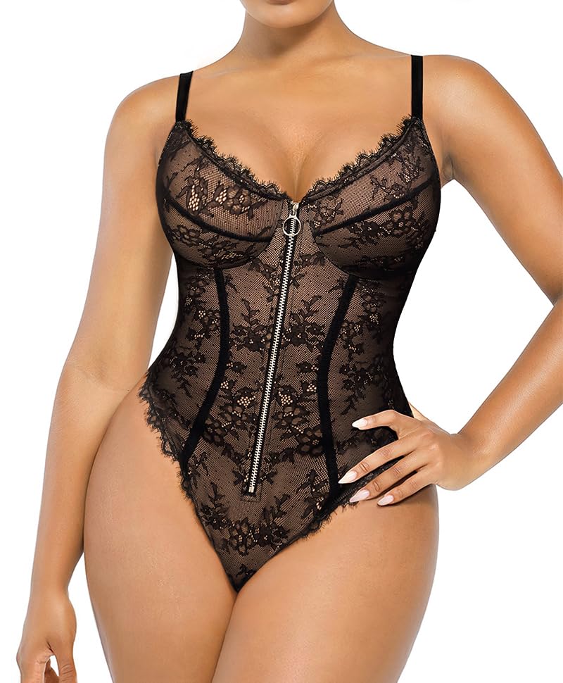 Photo 1 of SHAPELLX Lace BodySuits Women Shapewear Bodysuit Thong Lace for Women Tummy Control (Black,Large)