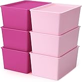 Menkxi 6 Pcs Storage Bins with Lids Small Plastic Storage Containers Stackable Storing Baskets Box Cute Organizer Bins for Organizing Shelves (Pink Series)