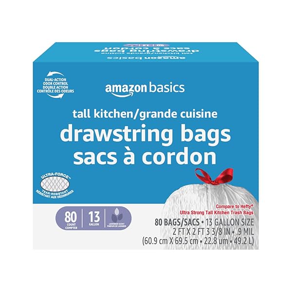 AMAZON BASICS ULTRA-FORCE TALL KITCHEN DRAWSTRING TRASH BAGS, LAVENDER SCENTED, 13 GALLON, 80 COUNT, PACK OF 1
