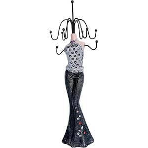 Fashion Mannequin Jewelry Holder, Necklace Organizer Stand with Multi-Hook Display, Sequin Doll Figure, Birthday Gift (Silver