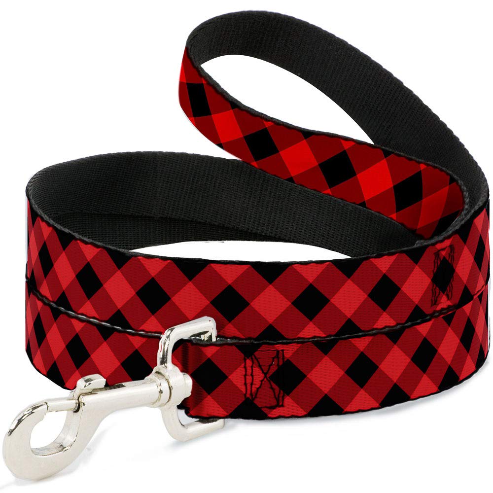 Buckle-Down Dog Leash Diagonal Buffalo Plaid Black Red Available In Different Lengths And Widths For Small Medium Large Dogs and Cats, 6 Feet Long - 1/2" Wide