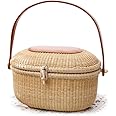 TengTian Nantucket Clutches & Evening Bags Basket Tote Bag Cane-on-cane weave oval basket,Lined with brocade fabric Beach Bags Beach Purse