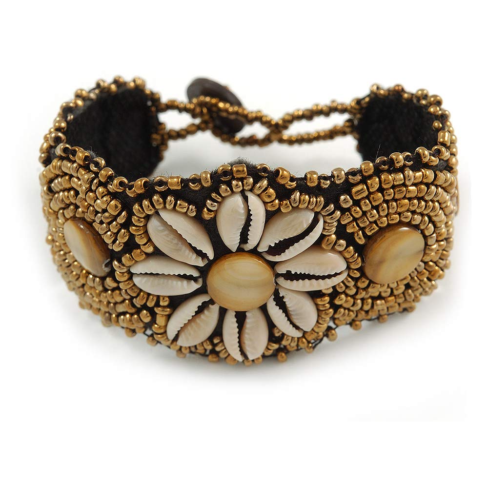 Avalaya Handmade Boho Style Beaded, Shell Wristband Bracelet (Bronze, Cream) - 15cm L/ 2cm Ext - Small