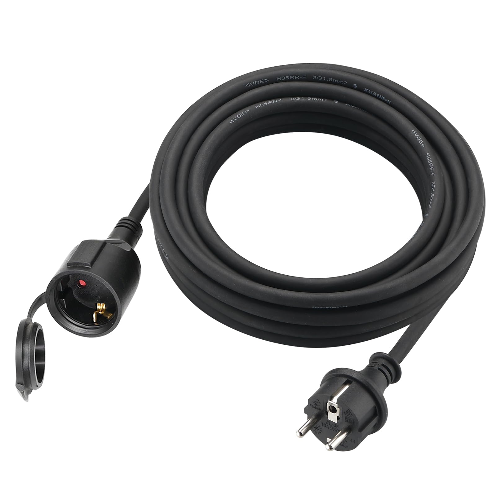 Outdoor Extension Cable 10 m for Outdoor Use, Rubber Extension Power Cable with Schuko Plug, IP44 Extension Cable, 3G 1.5 mm² Cable, Outdoor Electric Cable, with Protective Cap, 3500 W, Black