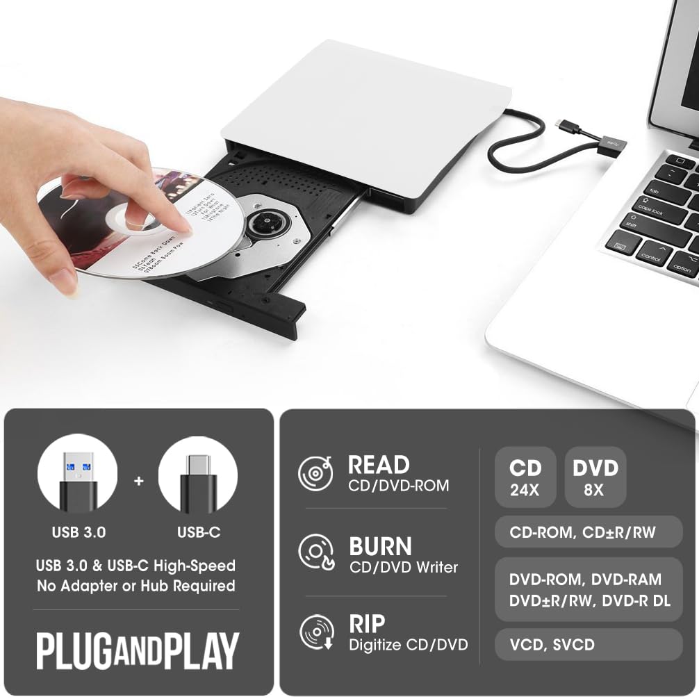 ROOFULL External CD DVD Drive for Mac Laptop, USB 3.0 & USB-C CD DVD Reader Writer Burner Player ROM/RW Portable Optical Disc Drive for Apple MacBook Pro, iMac, Windows 11/10/8/7 Computer PC, White