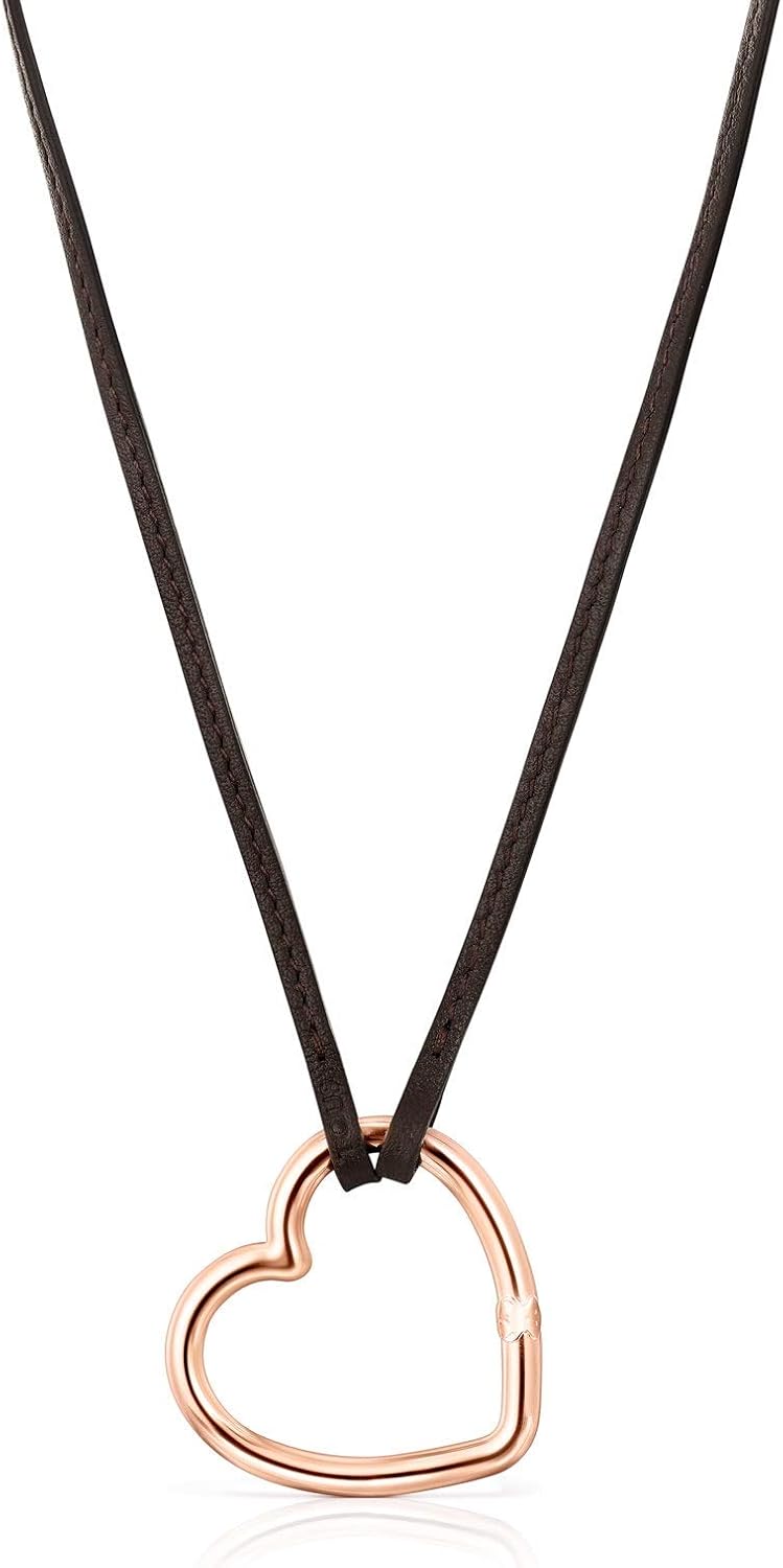 Tous Long Necklace Hold Heart Silver Vermeil Pink and Brown Leather