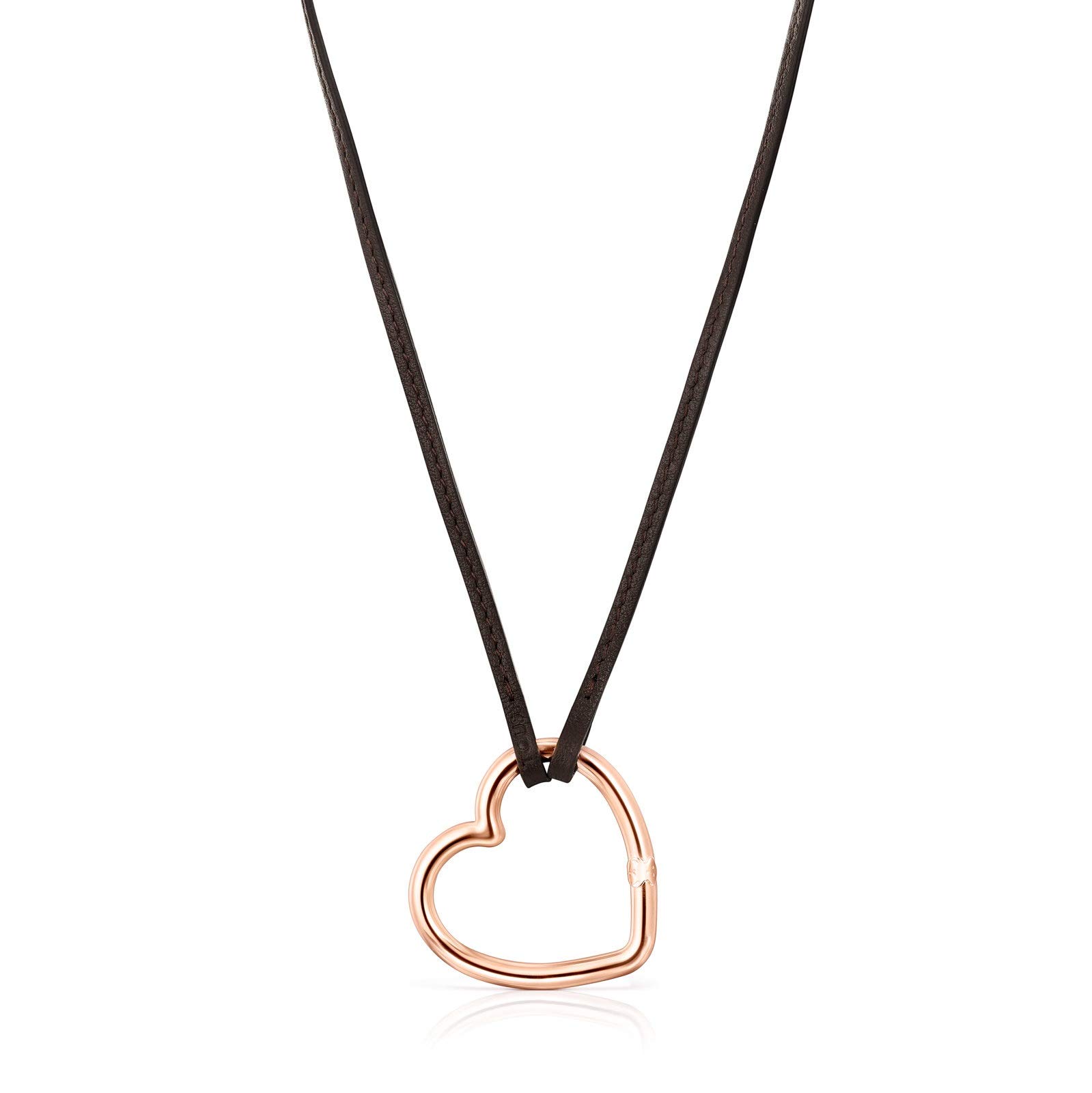 TOUS Long heart necklace with 18 kt rose gold plated over silver and brown leather Hold