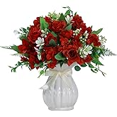 LESING Artificial Rose Silk Hydrangea Flowers Bouquets with Vase Rustic Fake Flowers for Home Decoration Table Centerpiece (Claret Red)