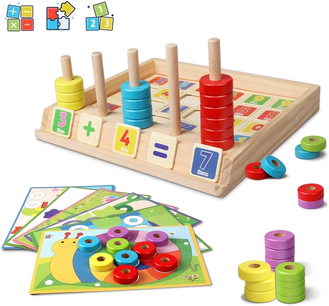 Miarui Preschool Learning Educational Math Toys Wooden Puzzles Counting Toys for Toddlers, Stacking Stem Fine Motor Skills Toys for 3 Year Olds and Up