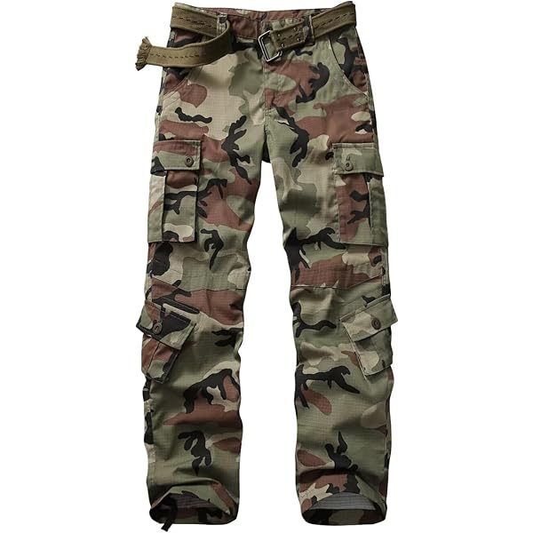 KGYA Unisex Camo Cargo Pants, Multi Pockets Raw Edge