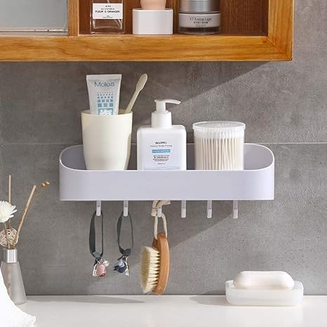Amazon Com Bathroom Shelf Rack Bathroom Organizer Bathroom Storage Rack Hook Shampoo Soap Cosmetic Holder Basket Shelves With Towel Hooks Metal Shelf Storage Shelving Home Kitchen