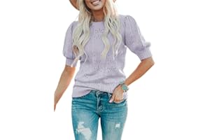 Foshow Womens Puff Short Sleeve Sweaters Tops Fall Soft Crew Neck Dot Pullover Shirt Lightweight knit Sweater Blouse