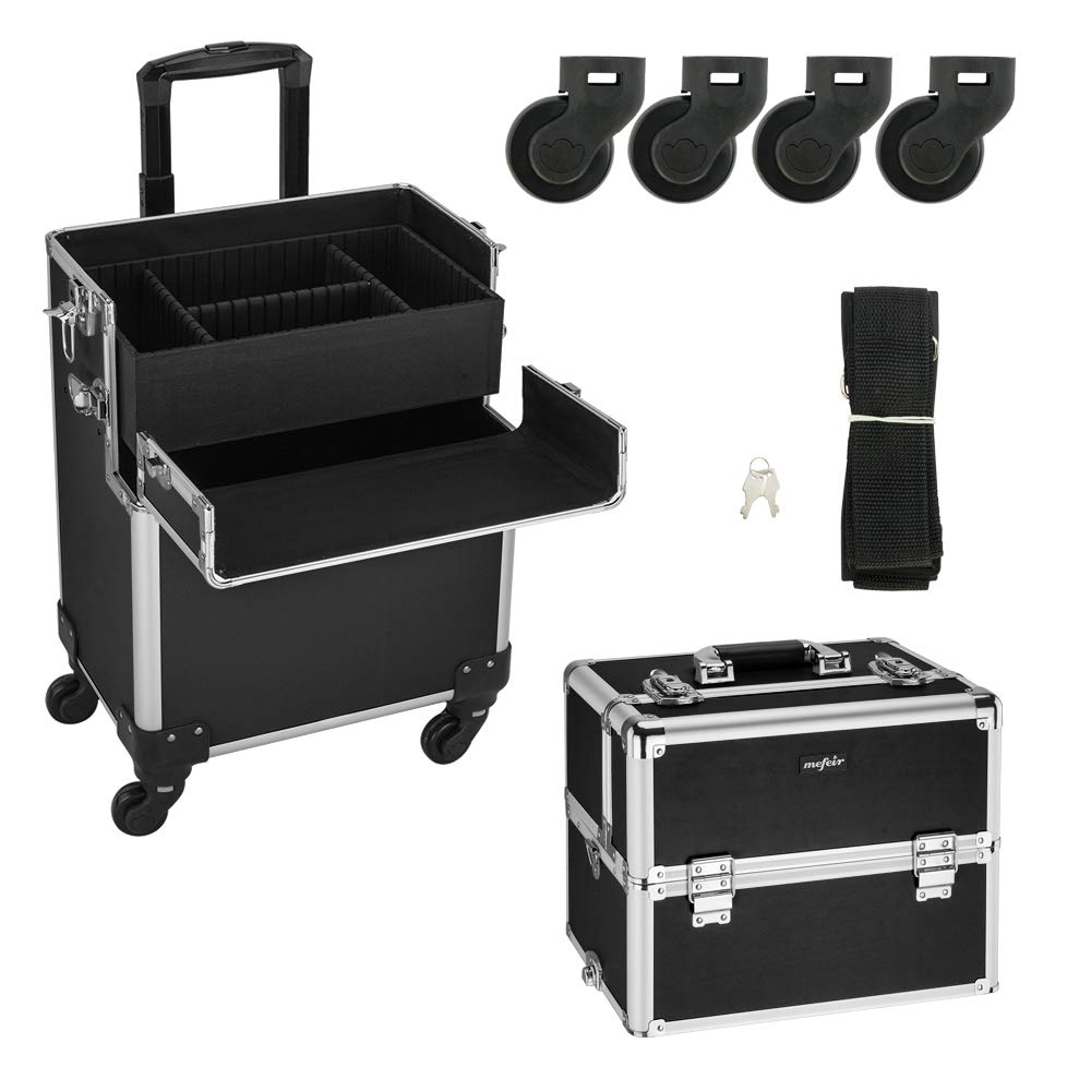 Mefeir 2-in-1 Rolling Makeup Train Case,4 Removable Travel Wheels w/ Lockable Keys +Shoulder Strap,Aluminum Cosmetic Trolley Cart Beauty Artist Organizer Stylist,Ideal Xmas New Year Gift(Black)