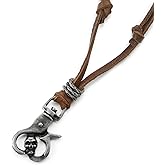 COOLSTEELANDBEYOND Leather Necklace, Skull Lobster Clasp Pendant, Old Metal, Adjustable Brown Leather Cord, Mens
