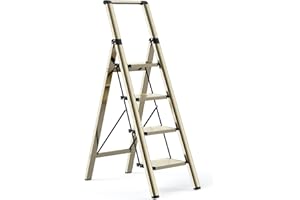 LADNAMY Step Ladders Foldable 4 Step Stool W/Sturdy Wide Anti-Slip Pedal&Rubber Feet Light Compact Space Saving Stepladder for Closet Cabinet Garage Pantry Aluminum Portable Step Stool, Champagne Gold