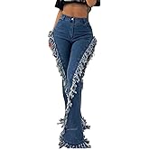 Tbahhir Women Flare Jeans wtih Distressed Fringes High Waisted Patchwork Denim Pants Frayed Bell Bottom Skinny Stretch