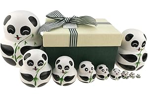 Apol Set of 10 Big-Belly Wooden Handmade Panda Bear with Bamboo Nesting Dolls Matryoshka Russian Doll in a Box with Bow for Kids Toy Home Decoration New Year