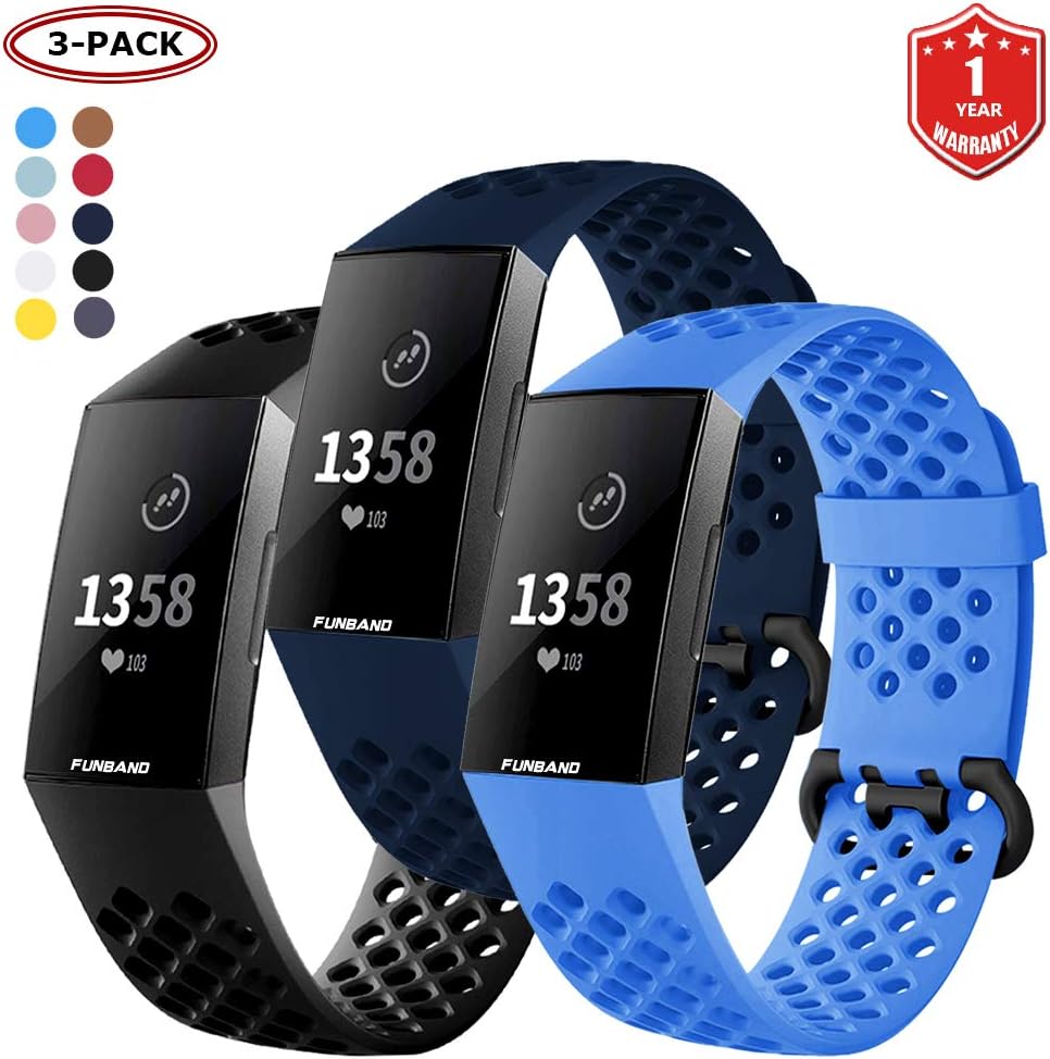 FunBand for Fitbit Charge 3/Charge 4 Strap Bands, Easy Adjust Breathable with Ventilation Holes Soft Silicone Sport Replacement Accessory Bracelet Straps Fitness Activity Wristband