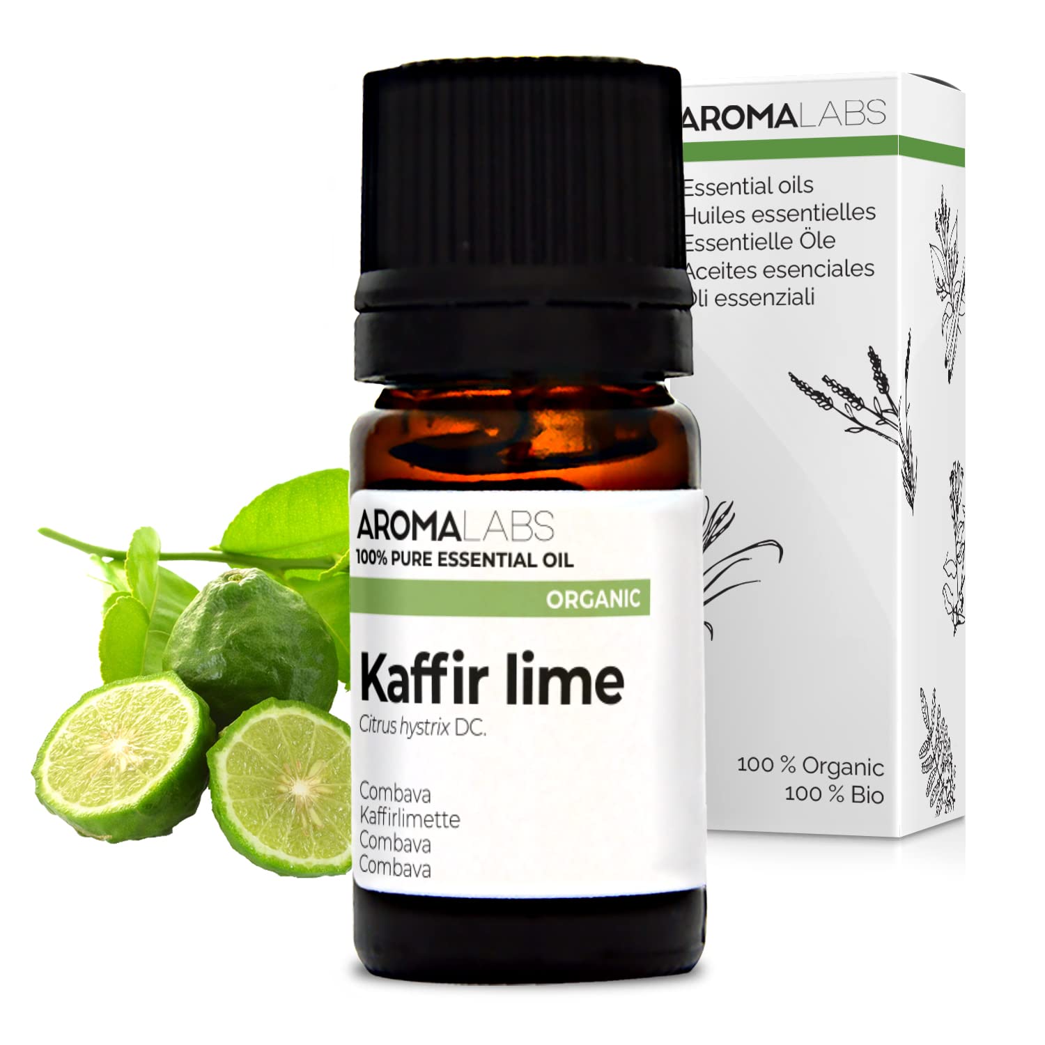 BIO - Kaffir Lime Essential Oil - 5mL - 100% Pure, Natural, Chemotyped and AB/Cosmos Certified - AROMA LABS (French Brand)