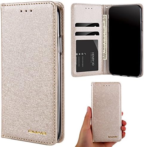 iPhone XS MAX Case Holder Stand Silk Feature Premium Soft PU Color Matching Leather Wallet Cover Flip Cases with Kickstand Feature Card Slots & ID for iPhone XS MAX (Gold, XS MAX)