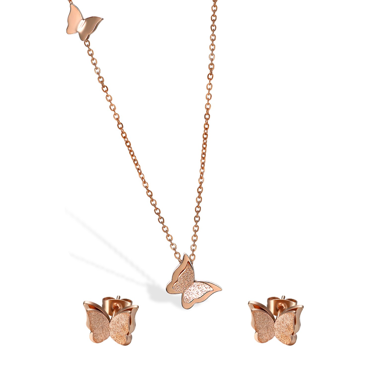 Oidea Assorted Stainless Steel Rosegold Butterfly Earring Studs,Necklace Jewelry Sets for Women Girls,Hypoallergenic