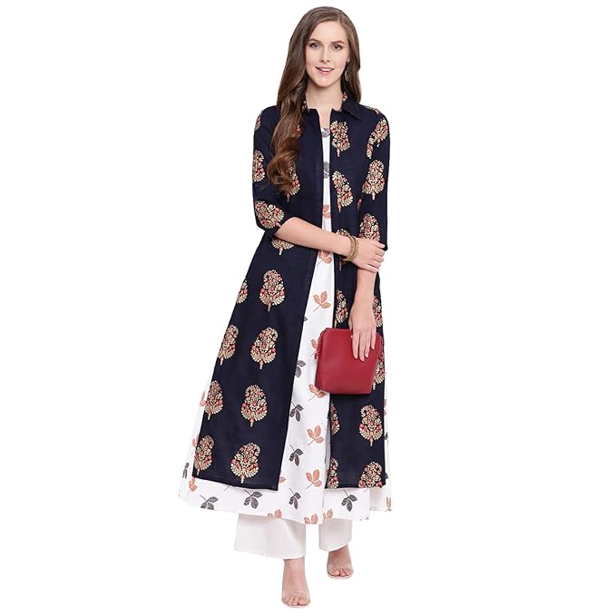 Women's Gold Print Kurta with Printed Jacket (Navy Blue)