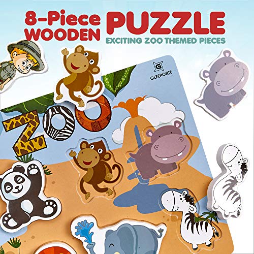 Gleeporte Wooden Chunky Puzzle Zoo Animal Pieces Learning Educational Puzzle Board with Free Standing Pieces for Toddlers & Kids (8 pcs)