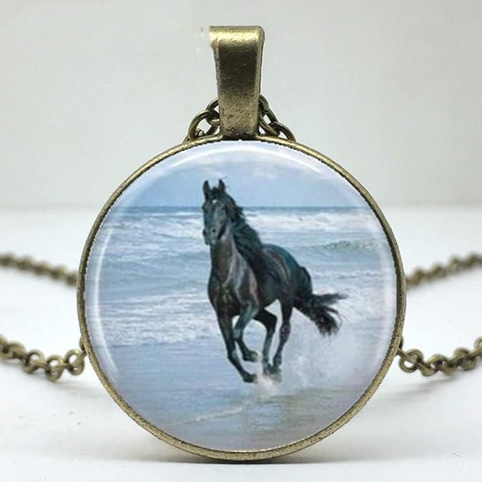 Fashion Black Horse Stallion Pattern Round Pendant Necklace, Men And