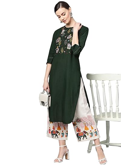 Women's Cotton Green & Off White Embroidered A-Line Kurta Palazzo Set